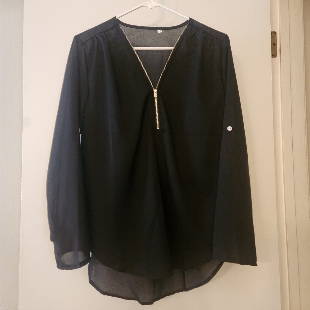 Black Sheer Zipper Blouse